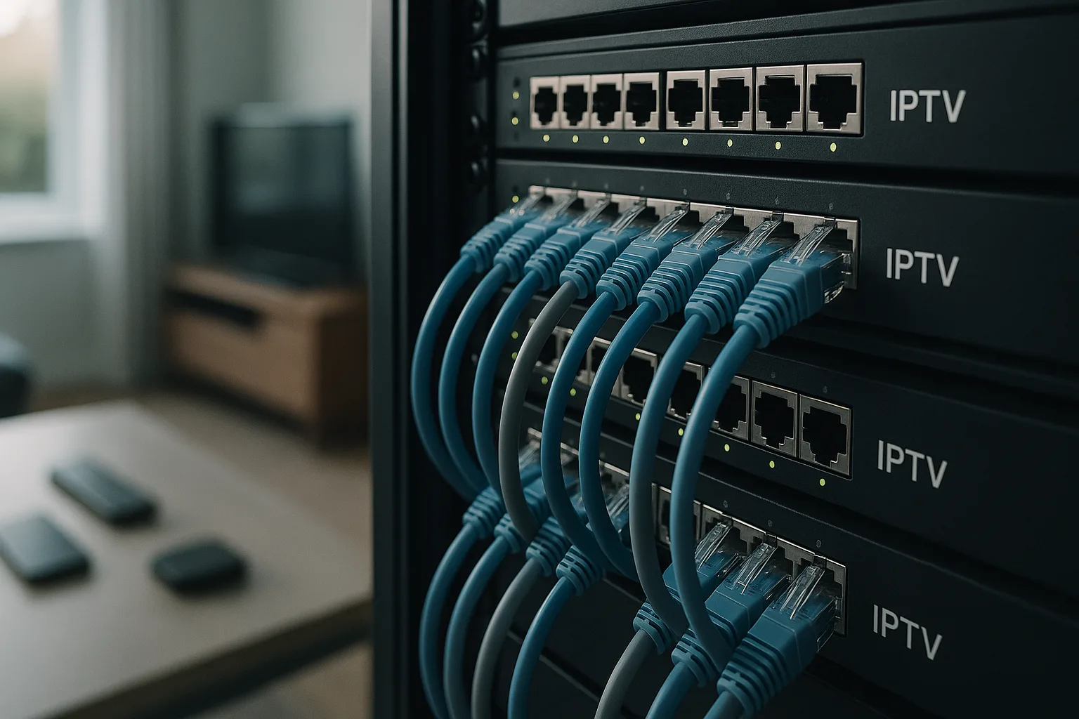 Network cables in a rack connected to IPTV servers