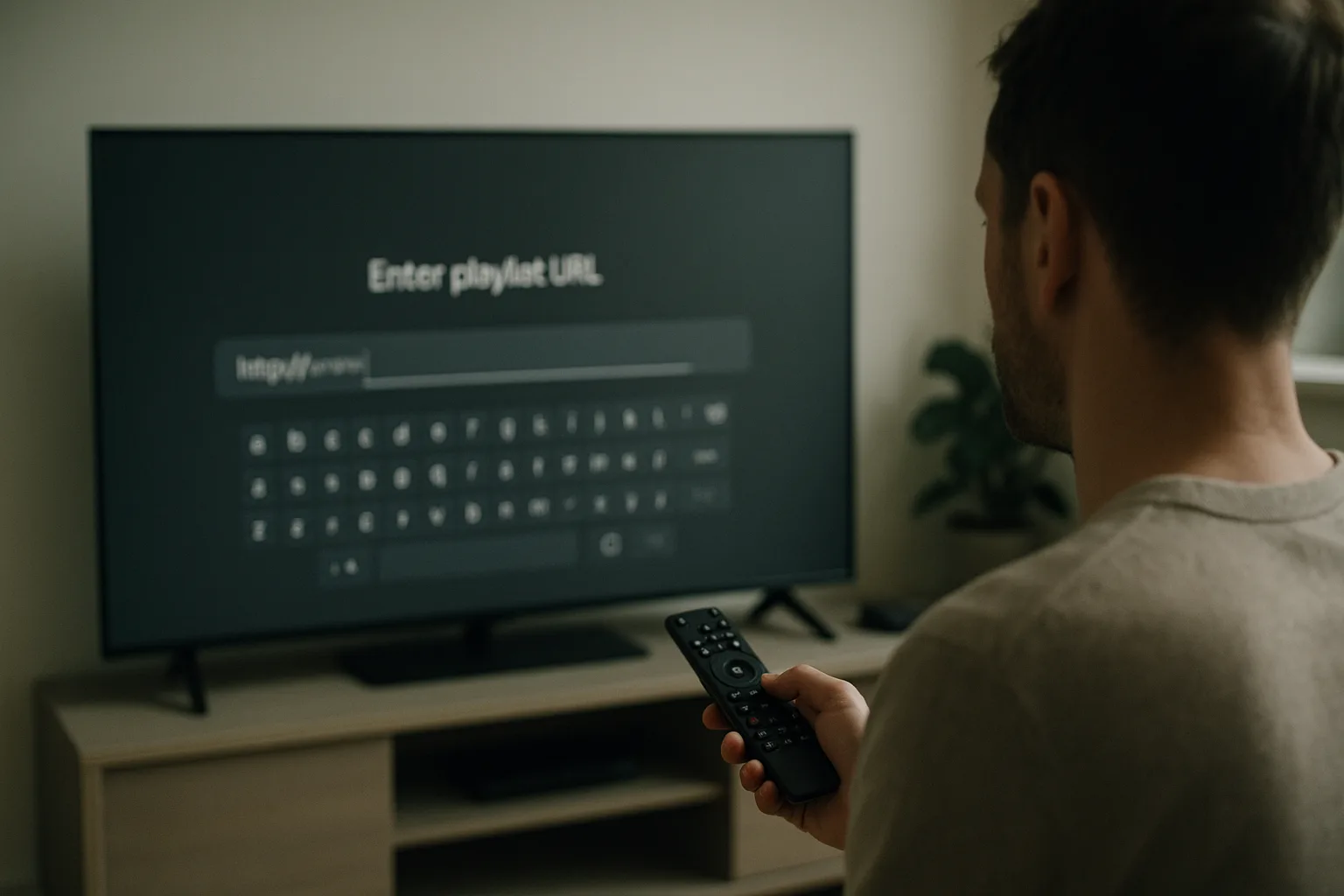 Entering a playlist URL on a smart TV with a remote.