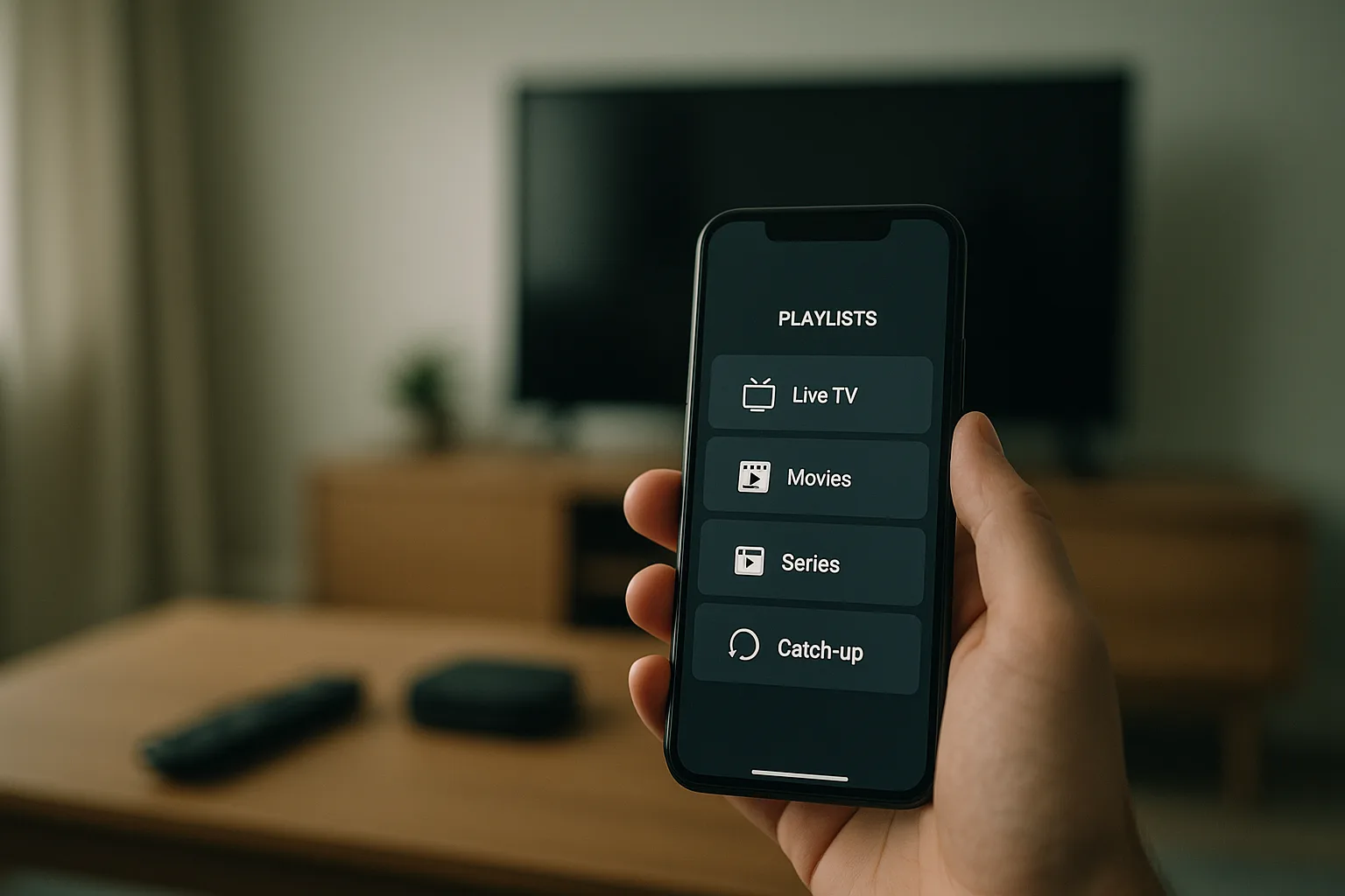 Smartphone displaying IPTV app with playlist options.