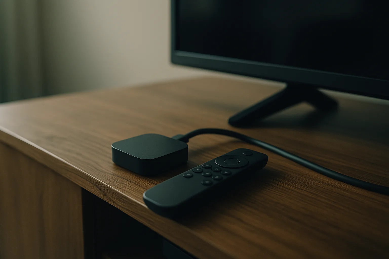 Streaming device and remote control on a TV stand.