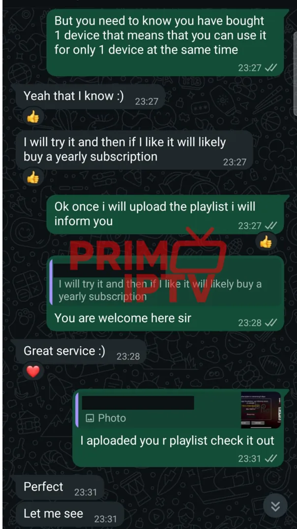 WhatsApp message from a verified PrimoTV customer sharing their experience (review 2 of 7)