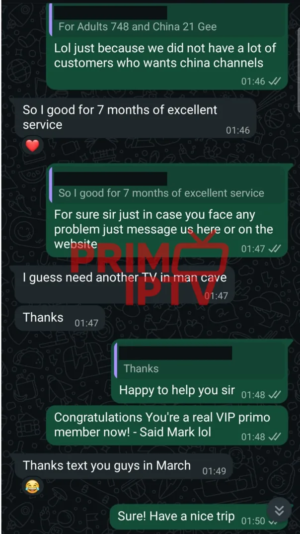 WhatsApp message from a verified PrimoTV customer sharing their experience (review 3 of 7)