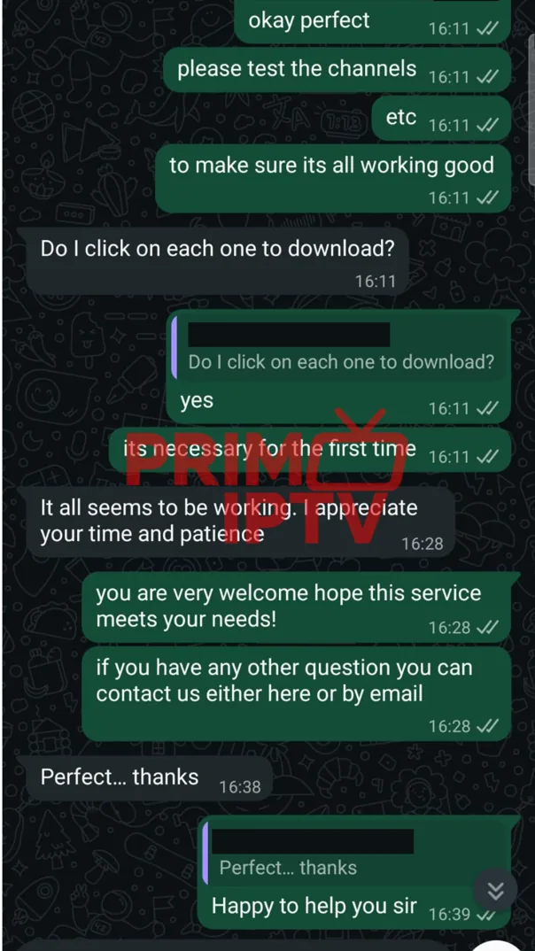 WhatsApp message from a verified PrimoTV customer sharing their experience (review 4 of 7)