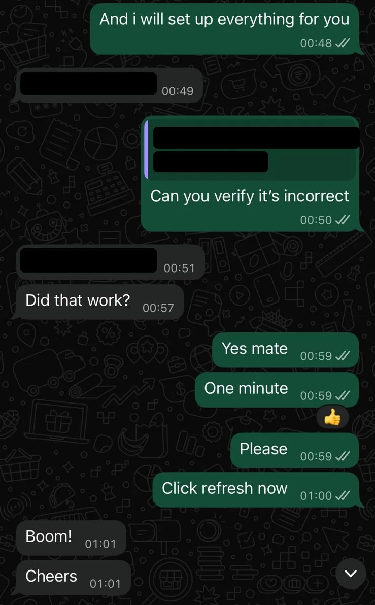 WhatsApp chat at 00:48: Primo UK support offers to set everything up, corrects the member's device ID and asks them to refresh; the member replies 'Boom!' and 'Cheers' at 01:01. Personal details are blacked out.