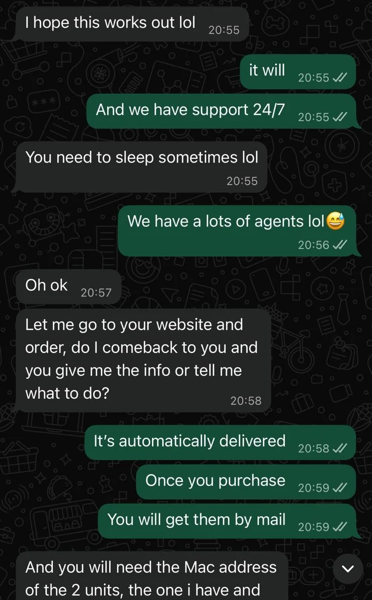 WhatsApp chat at 20:55: a Primo UK member is told support is available 24/7 and jokes 'You need to sleep sometimes lol'; the team replies 'We have a lots of agents lol' and explains the subscription is delivered automatically by email after purchase.
