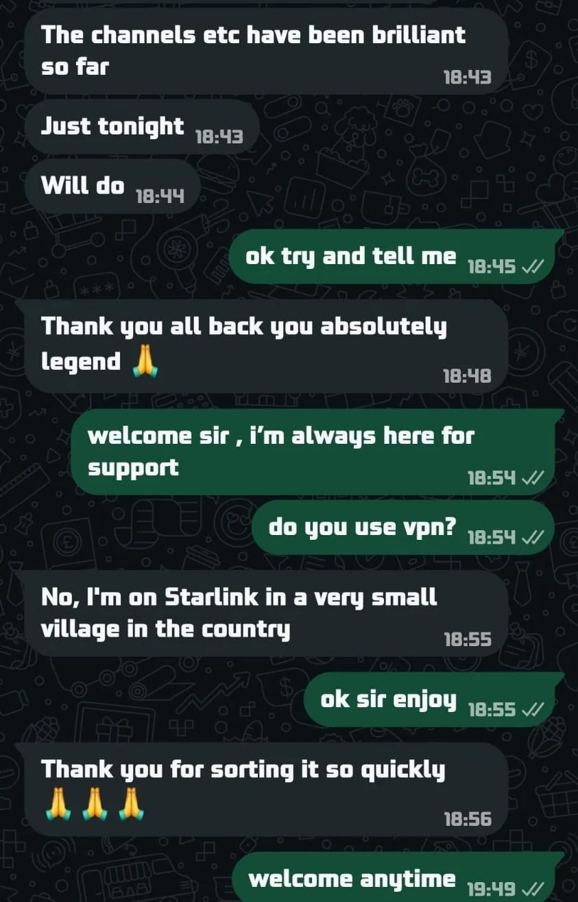 WhatsApp chat at 18:43: a Primo UK member says the channels have been brilliant, thanks the support team for sorting an issue so quickly and calls them an absolute legend.