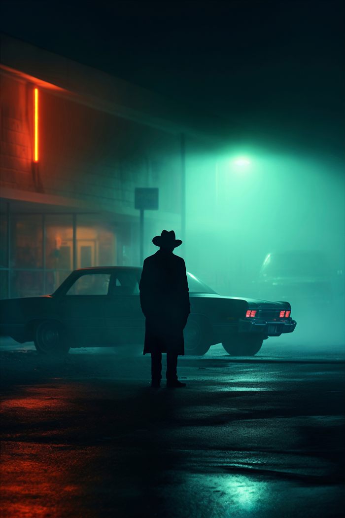 Noir crime thriller scene with a detective on a foggy street