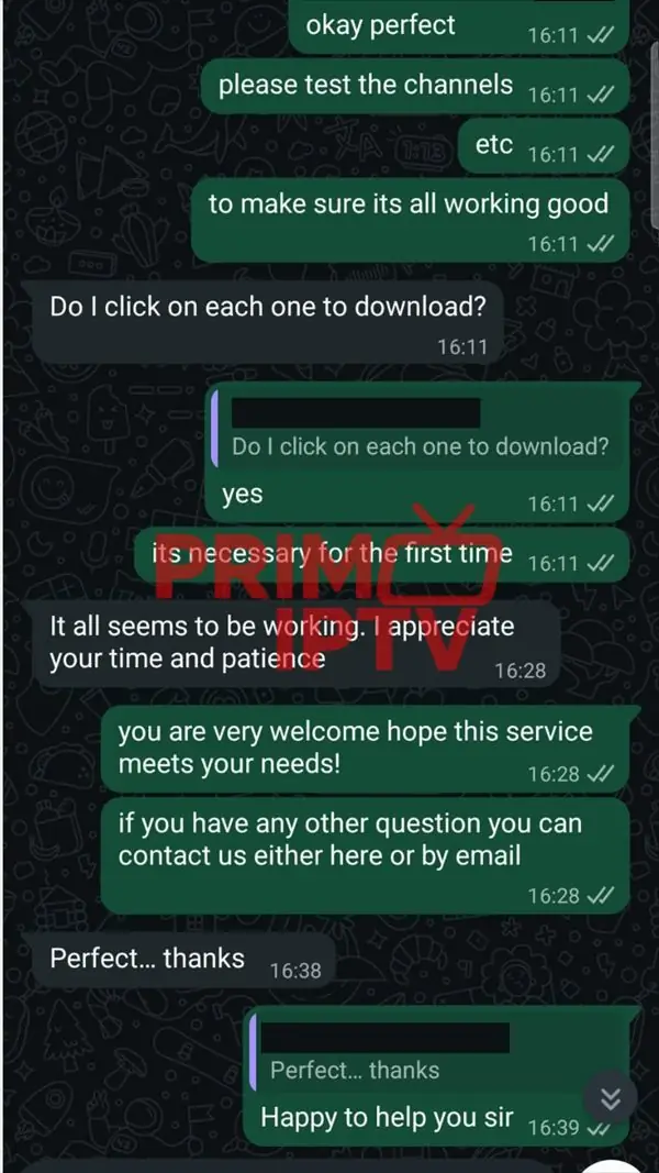 WhatsApp chat showing PrimoTV USA support helping a customer set up