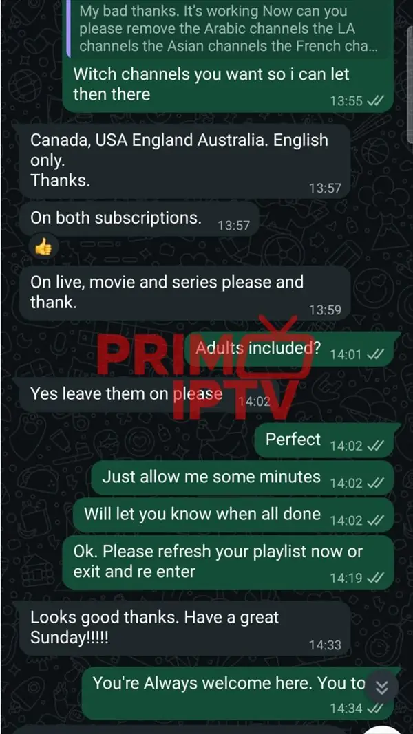 WhatsApp conversation about the channels included in the subscription