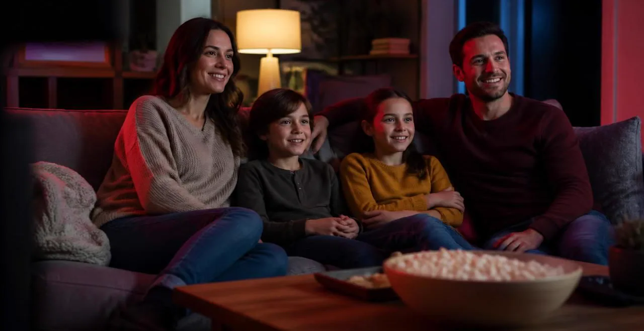 Family with two children watching TV together on the couch