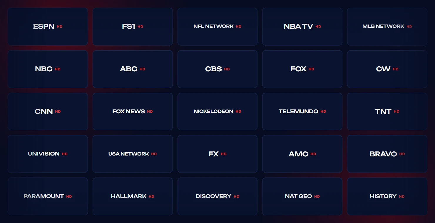 Grid of US television network names included with PrimoTV USA