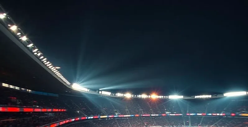 Floodlit stadium bowl packed with fans on a night game